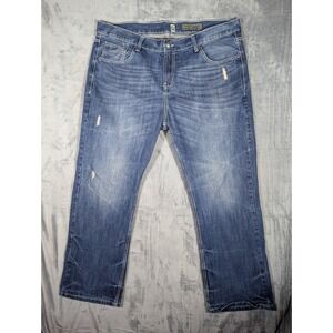 Marc Ecko Cut & Sew Men's 42x32 Relaxed Straight Leg Distressed Blue Denim Jeans